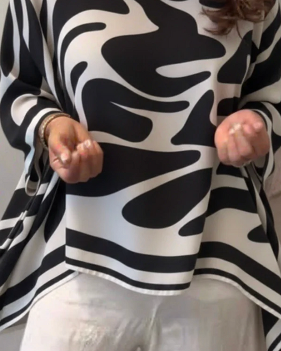 Zebra Pattern Bat Sleeves Round Neck Blouse
