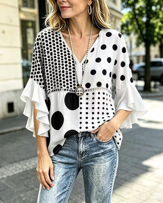 Mixed Polka Dot Patchwork Ruffle Blouse