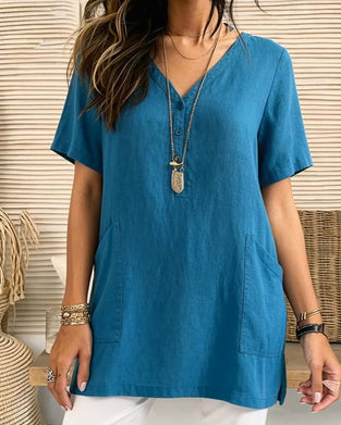 V-Neck Short-Sleeve Half-Placket Pocket Blouses