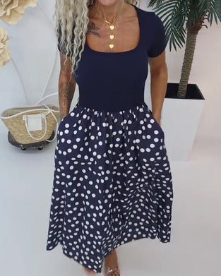 Square Neck Polka Dot Patchwork Dress