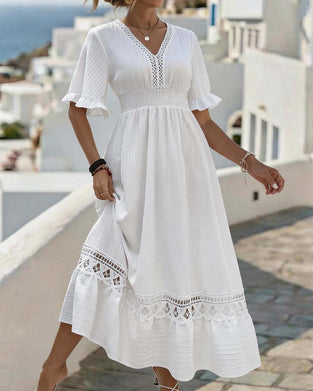 V Neck Cut Out Lace Medium Sleeve Dress