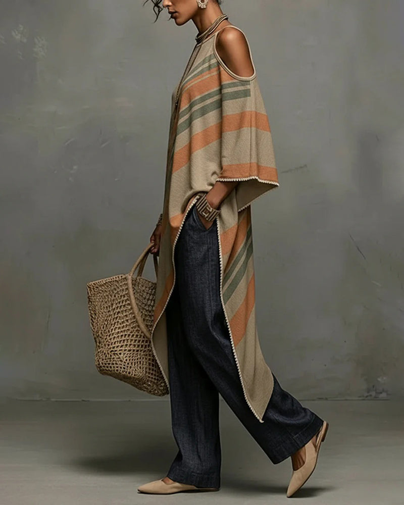 Striped Halter Off-Shoulder Asymmetrical Blouse