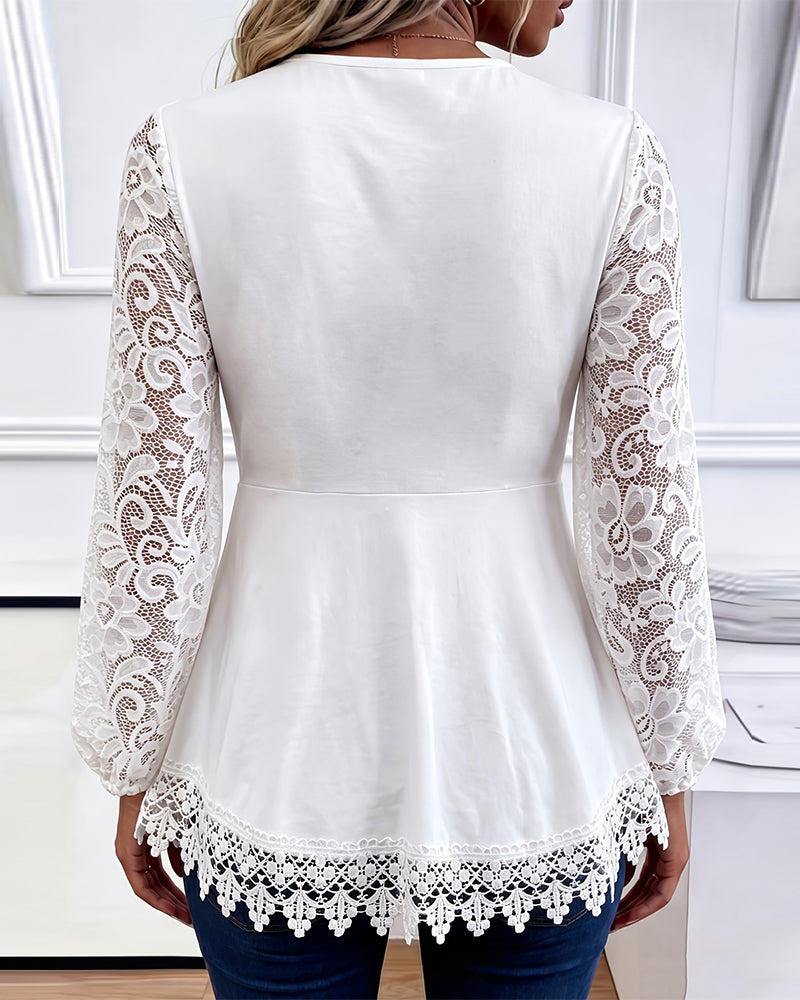Lace Long Sleeve Shirred Blouse
