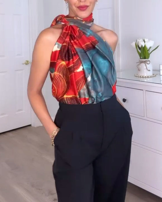 Printed irregular halter sleeveless top