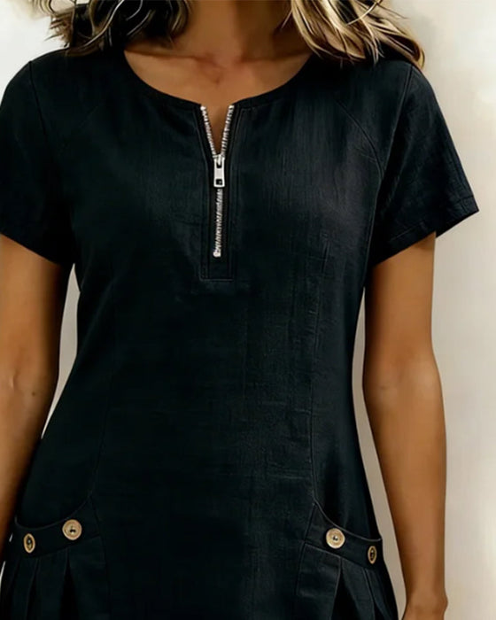 Zipper Pocket Cotton Linen Dress