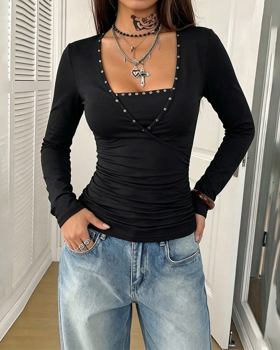 Square Neck Ruched Long-Sleeve Slim-Fit Top