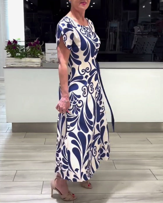 Elegant contrast print short sleeve dress
