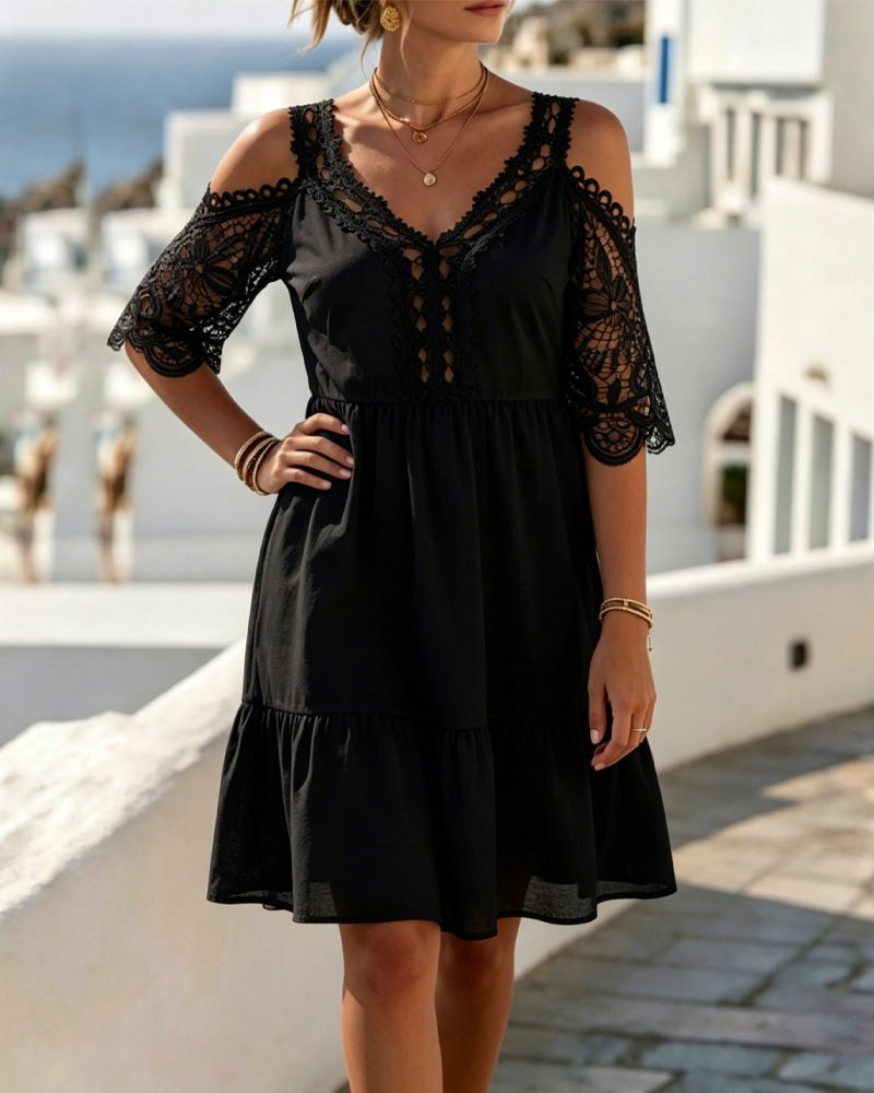 Lace Off-Shoulder Tiered Short Dresses