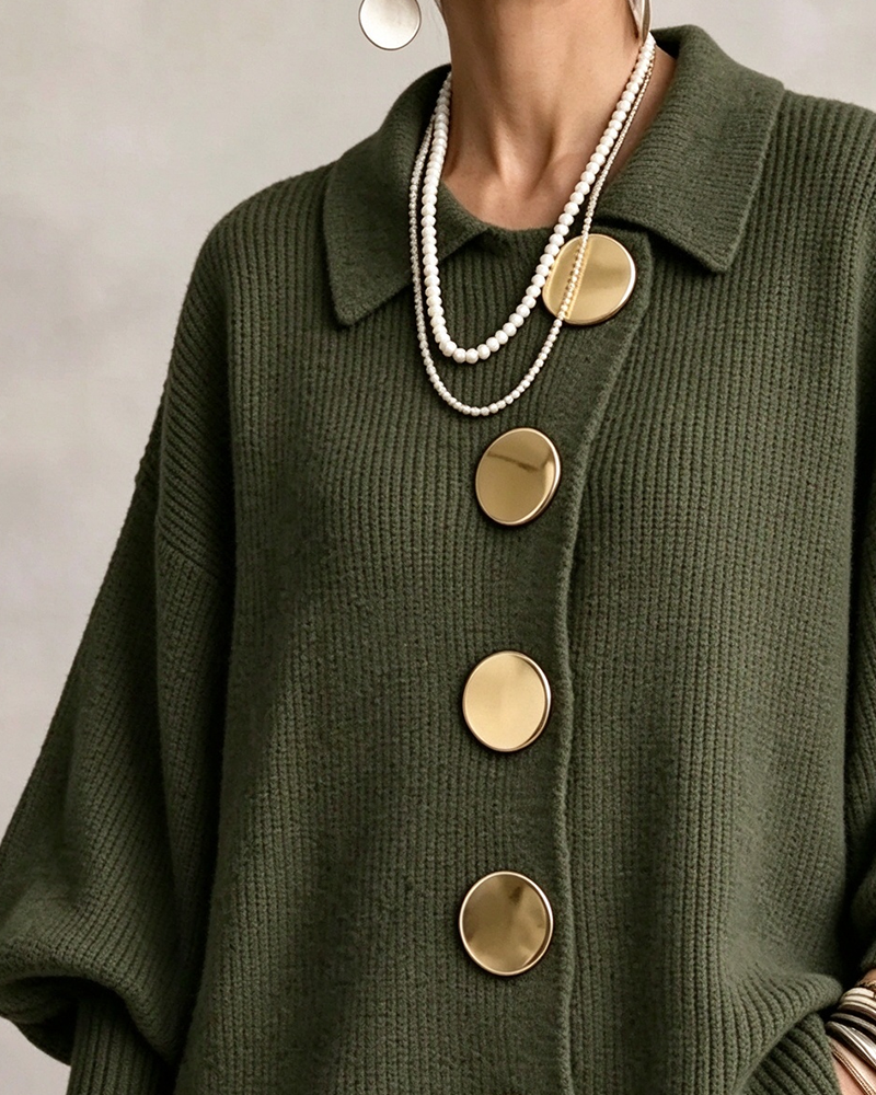 Large Metal Button Lapel Cardigan
