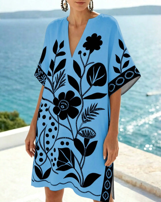 Floral Print V Neck Slit Dress