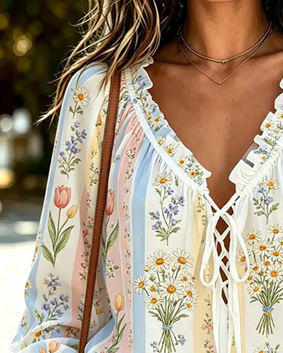 Color-Block Floral Tie V-Neck Blouse