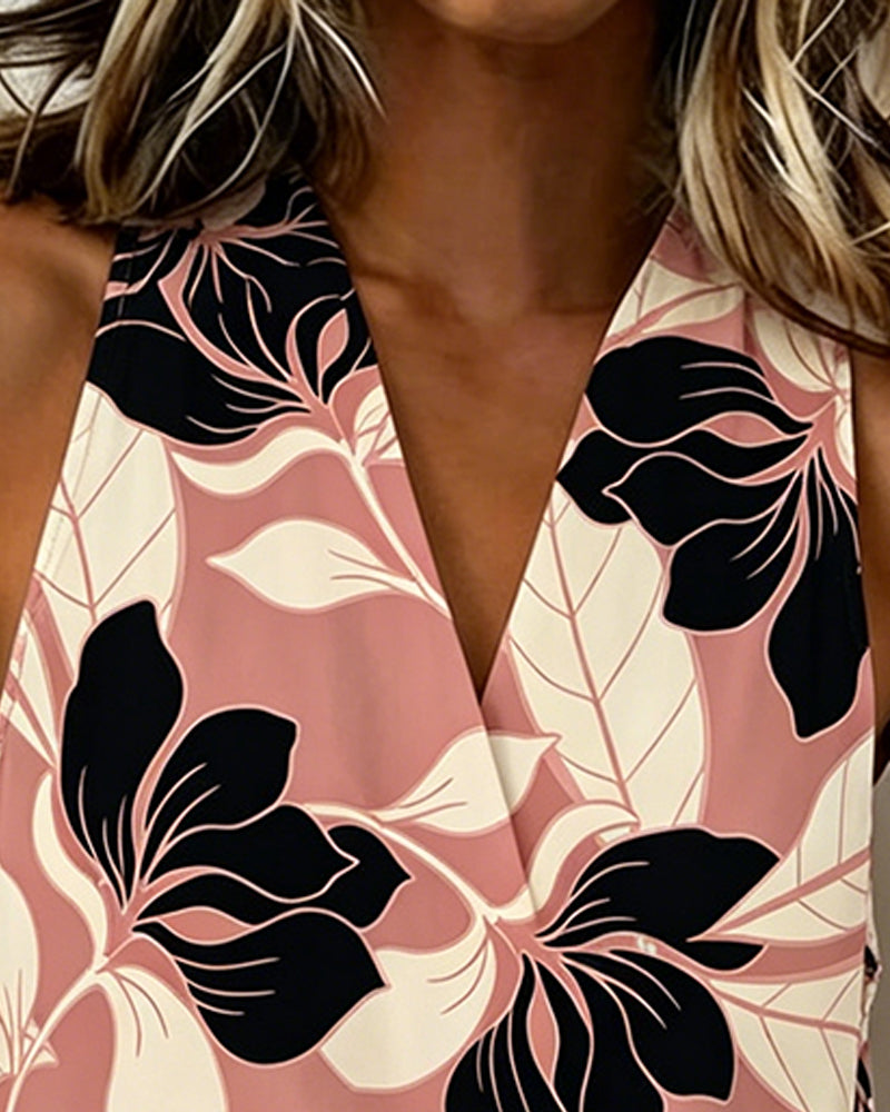 Floral Halter Drawstring Sleeveless Blouse