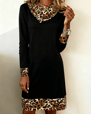 Turtleneck Leopard Print Patchwork Dress