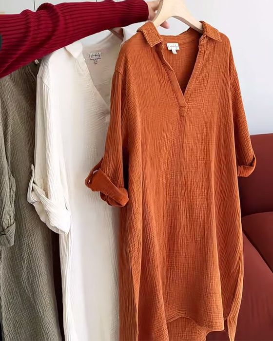 Lapel Solid Color Simple Long Sleeve Dress