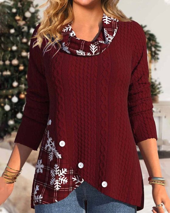 Pile collar snowflake print top