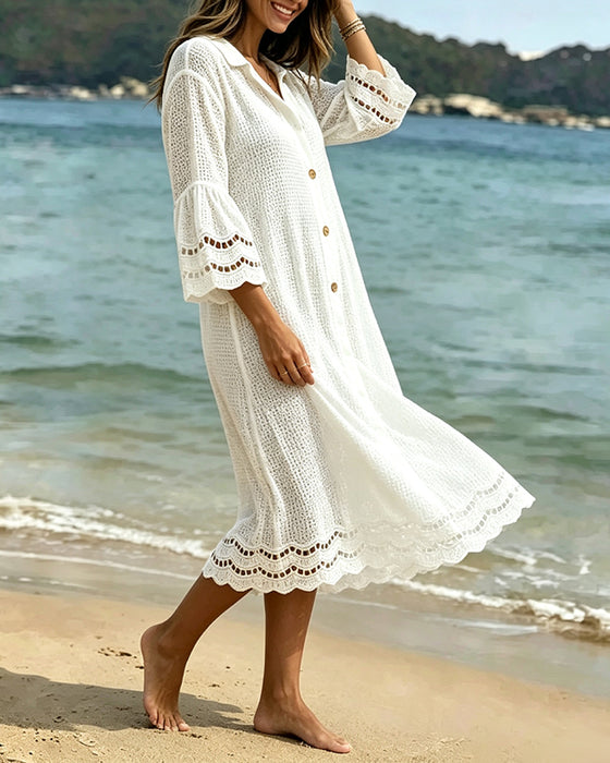 Shirt Collar Button Lace Patchwork Dress