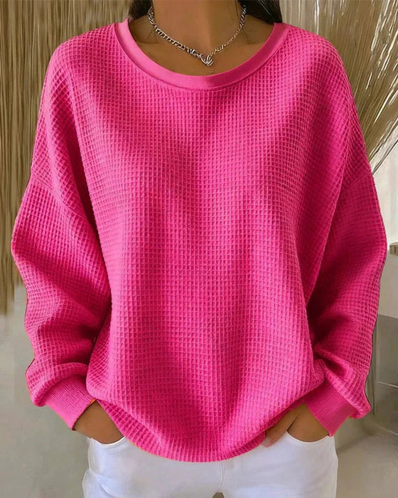 Solid Color Waffle Texture Pullover Sweatshirt