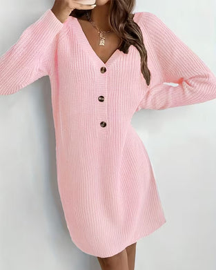 Button-Down V-Neck Fashion Sweater Dress
