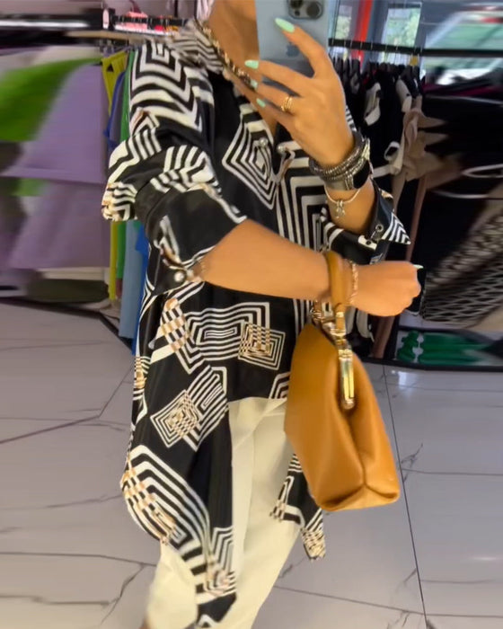 Geometric print lapel top