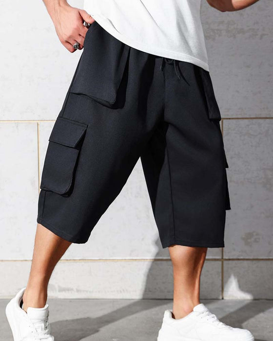 Elastic Waist Pocket Solid Color Cargo Pants