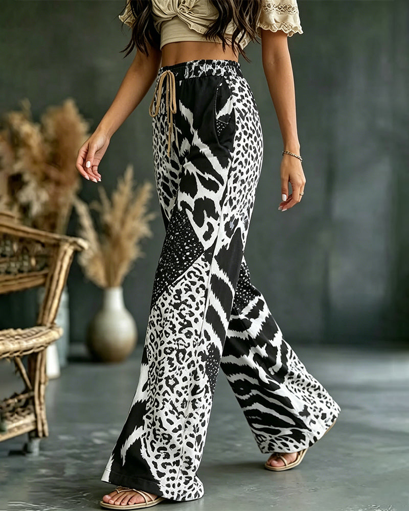Leopard Print Patchwork Wide Leg Casual Pants
