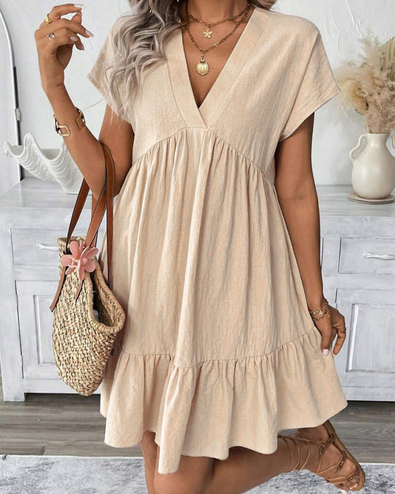 Solid V-Neck Ruffle-Trim Dress