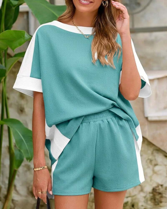 Color Block Short Sleeve Shorts Casual Set