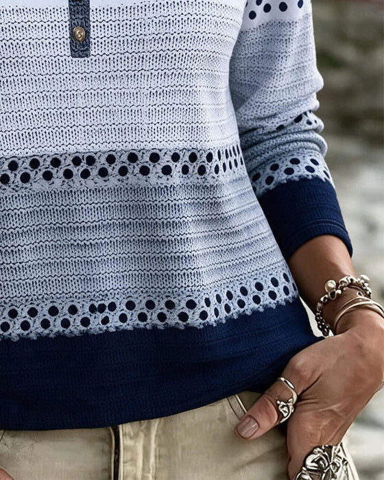 Polka-Dot Patchwork Long-Sleeve Top