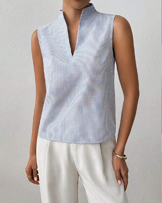 Sleeveless V-Neck Striped Blouse