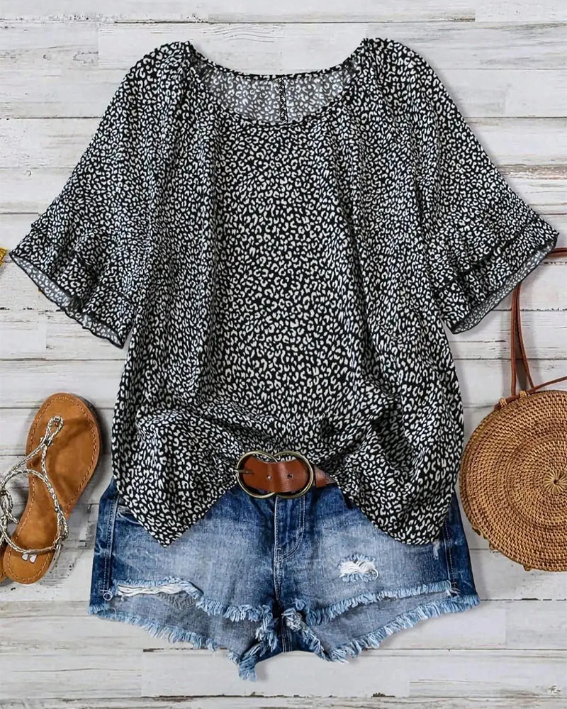 Ruffle Crew Neck Country Style Blouse