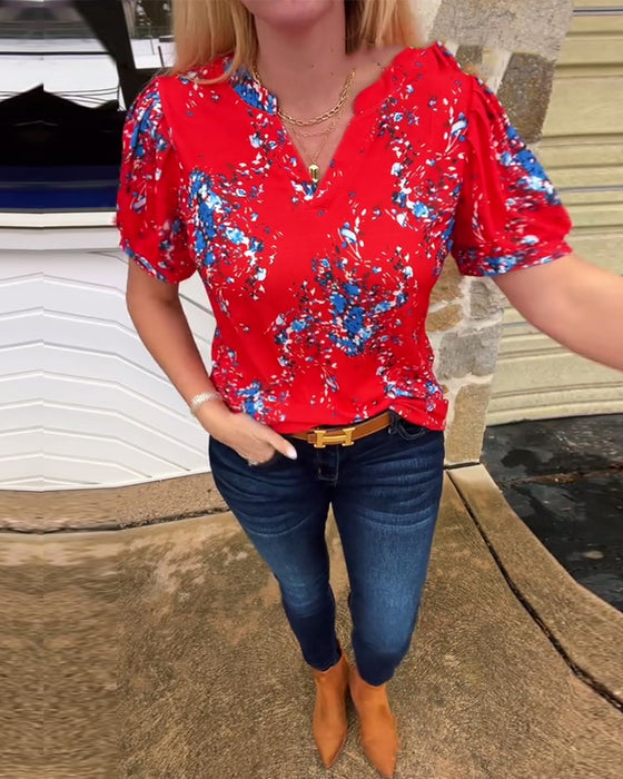 V-Neck Floral Print Short-Sleeved T-Shirt
