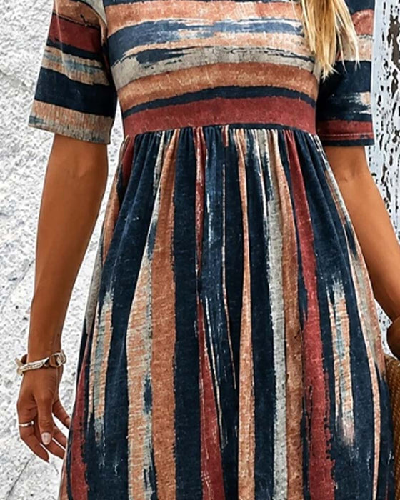 Crew Neck Striped High Waist A-Line Dress