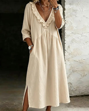 Ruffle V-Neck Three-Quarter Sleeve Dresses