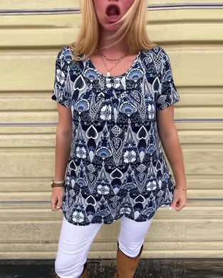 Casual Retro Crew Neck Printed T-Shirt