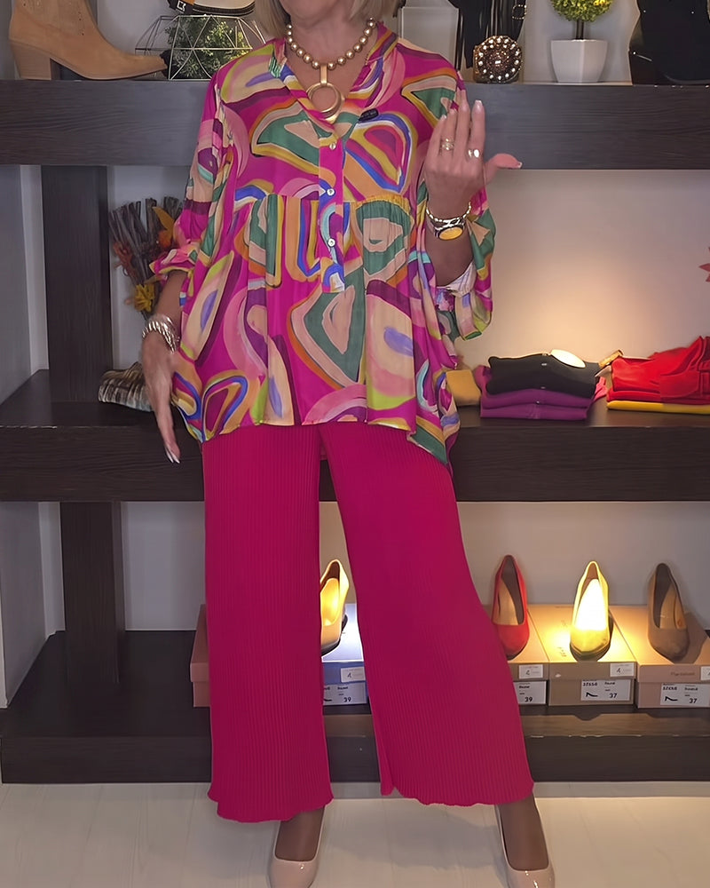 Colorful Geometric Puff Sleeve Printed Blouse