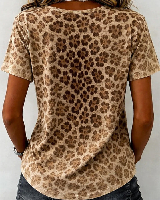 V-Neck Leopard Print Gradient Short-Sleeve T-Shirt