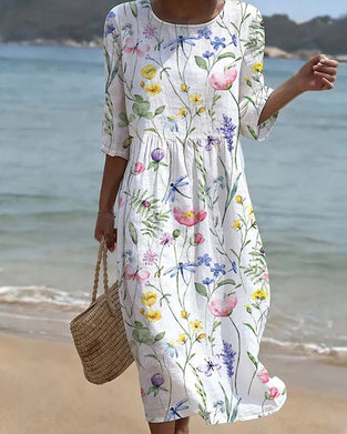 Short Sleeve Floral Crew Neck A-Line Dress