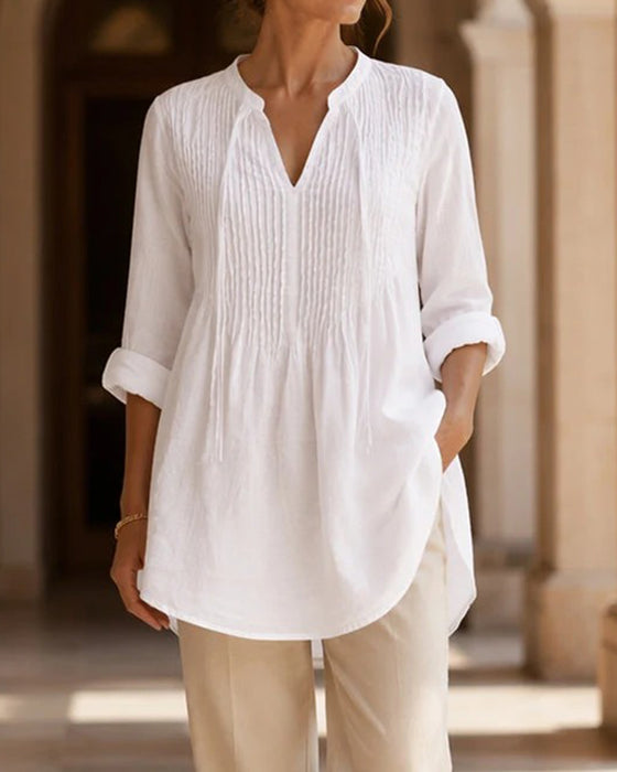 V-Neck Drawstring Solid Blouse