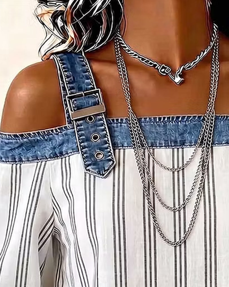 Denim Off-Shoulder Stripe Panel Blouse
