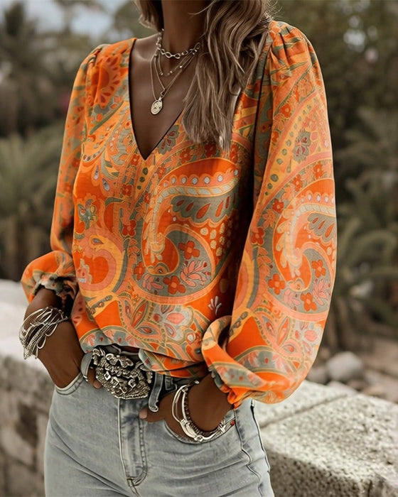 Patterned V-Neck Puff-Sleeve Blouse