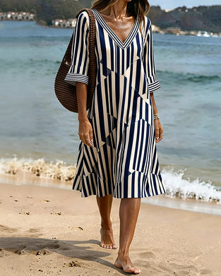 Striped Half Sleeve V-Neck Dress
