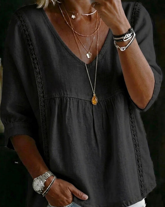 Ruffle Trim V-Neck Elbow-Length Sleeve Blouse