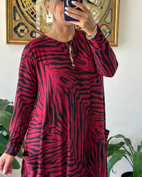 Fashion Loose Shift Dress with Print and Pocket
