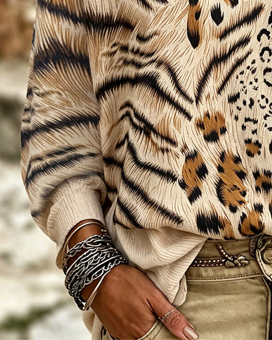 Crew Neck Leopard Long Sleeve Blouse