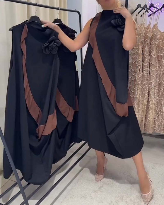 3D Petal Flounce Color-Blocking Sleeveless Dress
