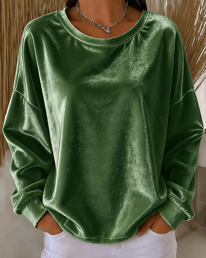 Crew Neck Drop Shoulder Relaxed Long Sleeve Blouse