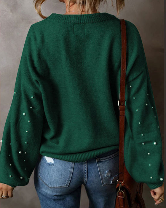 Beaded Long Sleeve Crew Neck Pullover