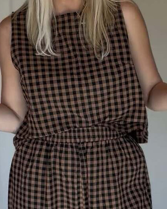 Round Neck Plaid Sleeveless Set