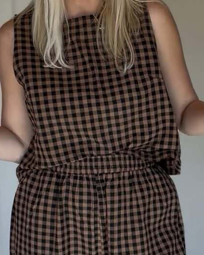 Round Neck Plaid Sleeveless Set
