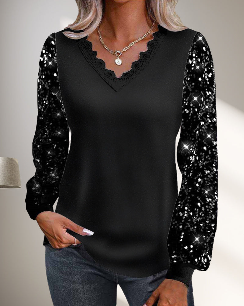 Casual solid color sequin V-neck top